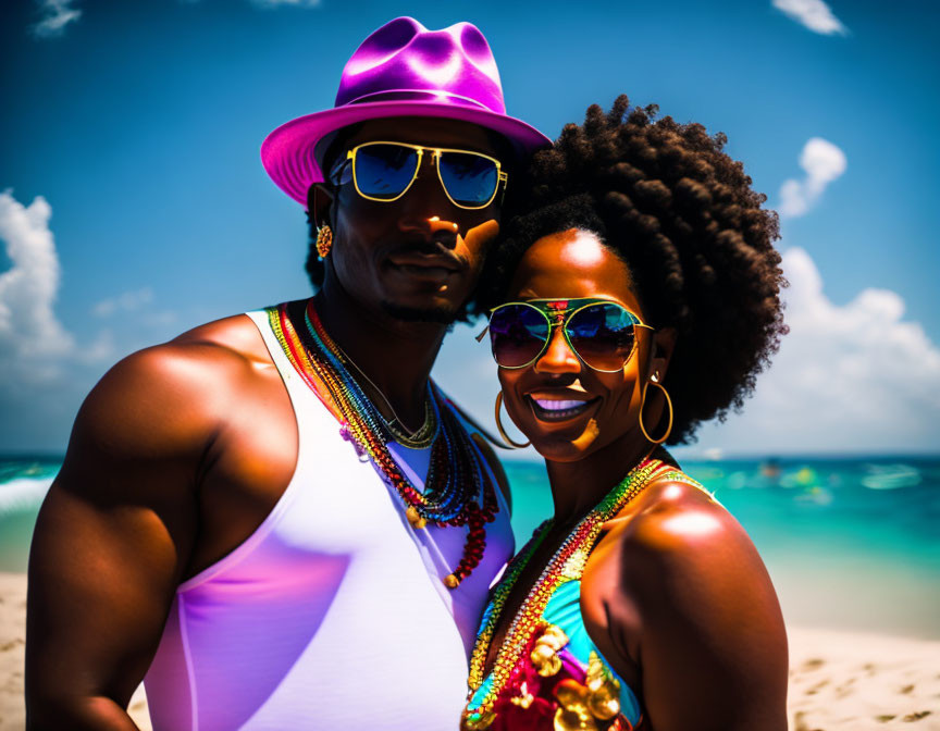 Couple in vibrant beachwear with sunglasses against clear blue sky and ocean