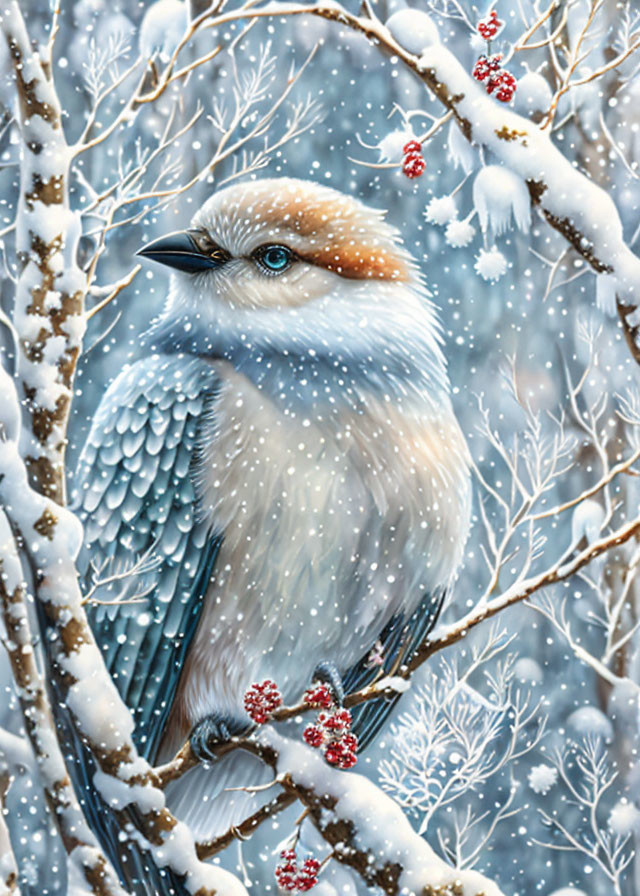 Blue bird with brown head on branch in snowy scene