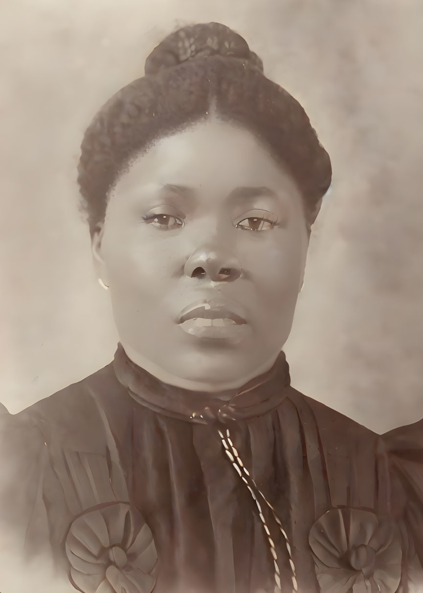 Sepia-Toned Vintage Portrait of Woman in High-Collared Dress