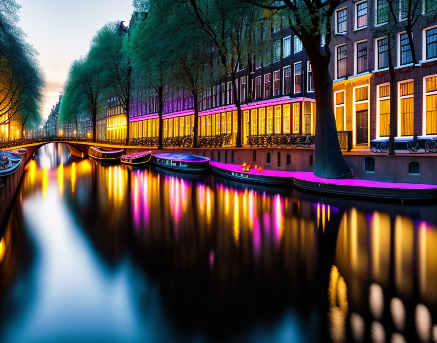 Serene Amsterdam Canal at Twilight with Illuminated Buildings