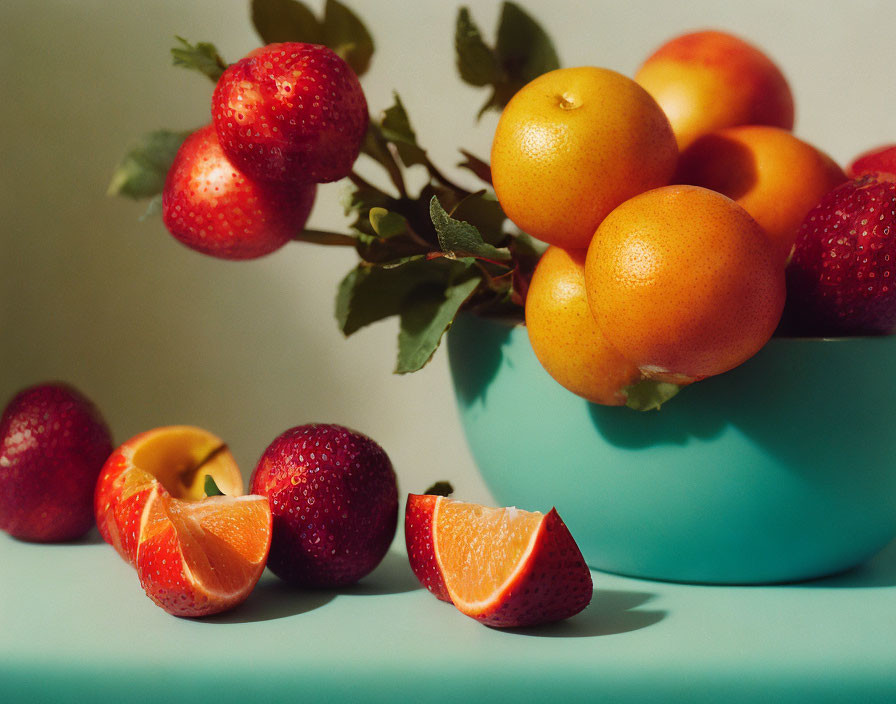 Fresh oranges and strawberries in a bowl on pale surface