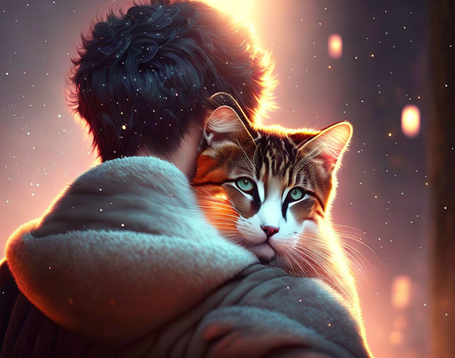 Person holding cat with warm glowing backdrop