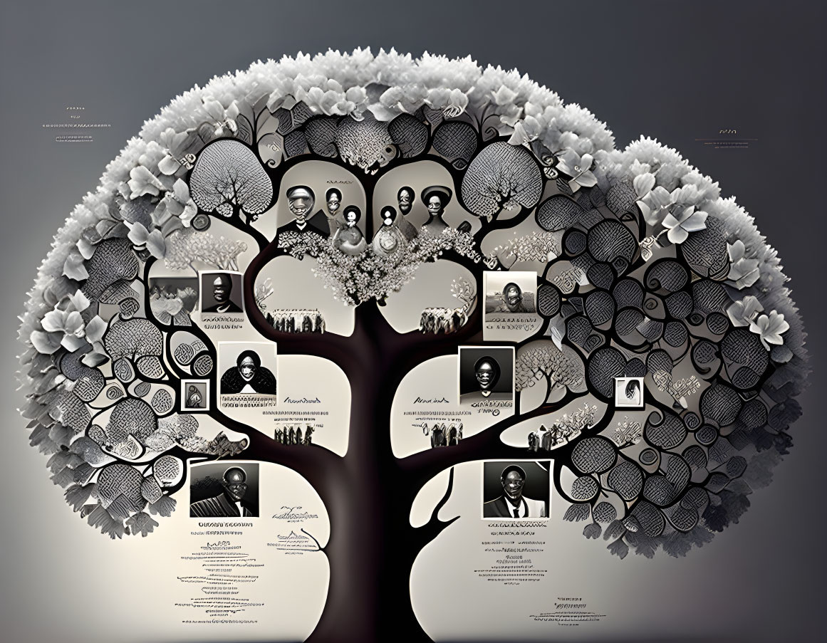 Detailed Family Tree Design with Photos, Text, and Floral Patterns