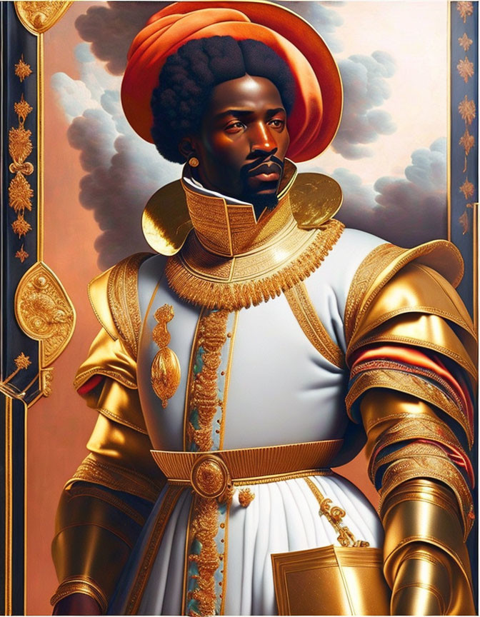 Regal figure in golden armor with red hat in Renaissance attire