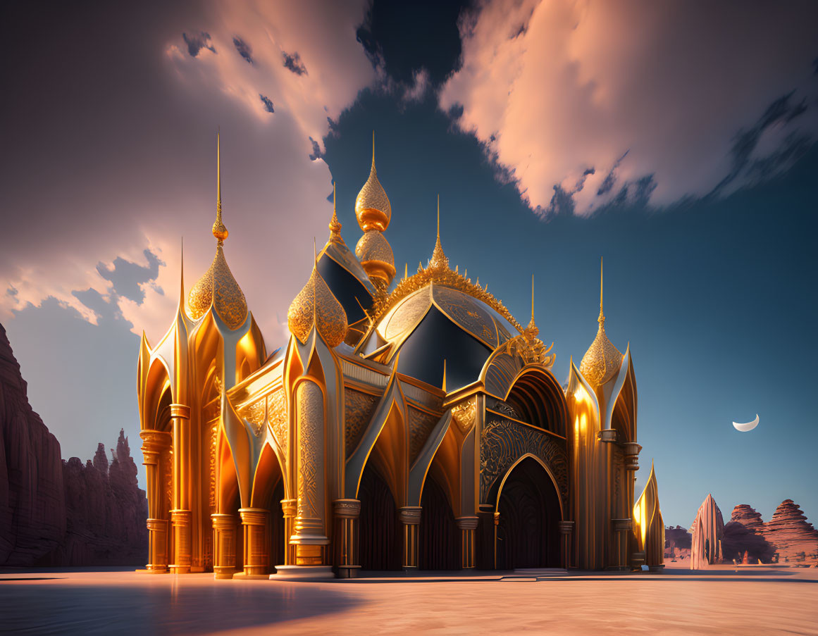 Fantasy palace with golden spires in desert sunset scenery