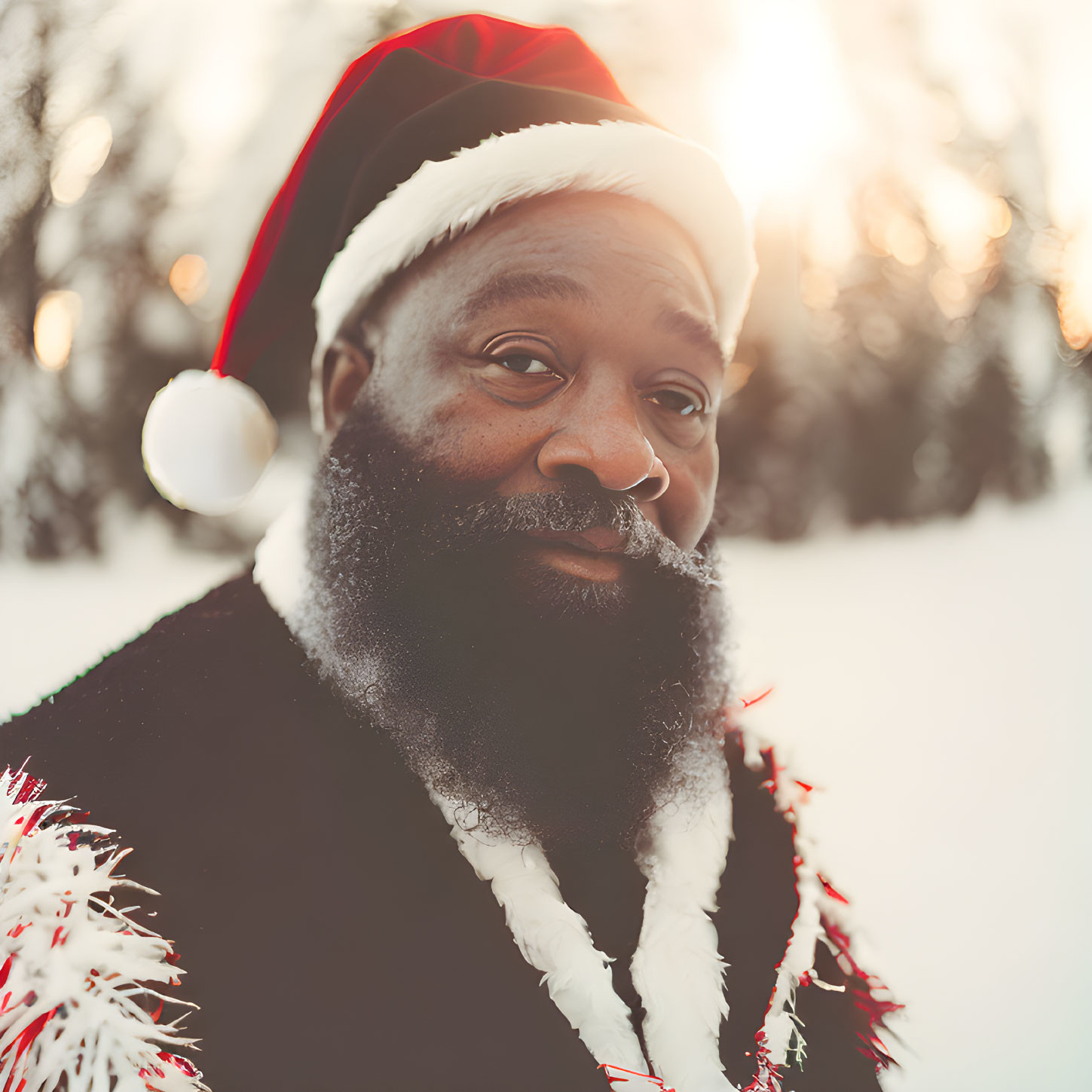 Smiling man in Santa hat with white beard against wintry backdrop