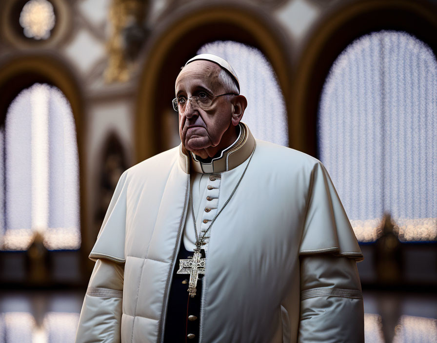 Religious man with cross necklace in ornate room