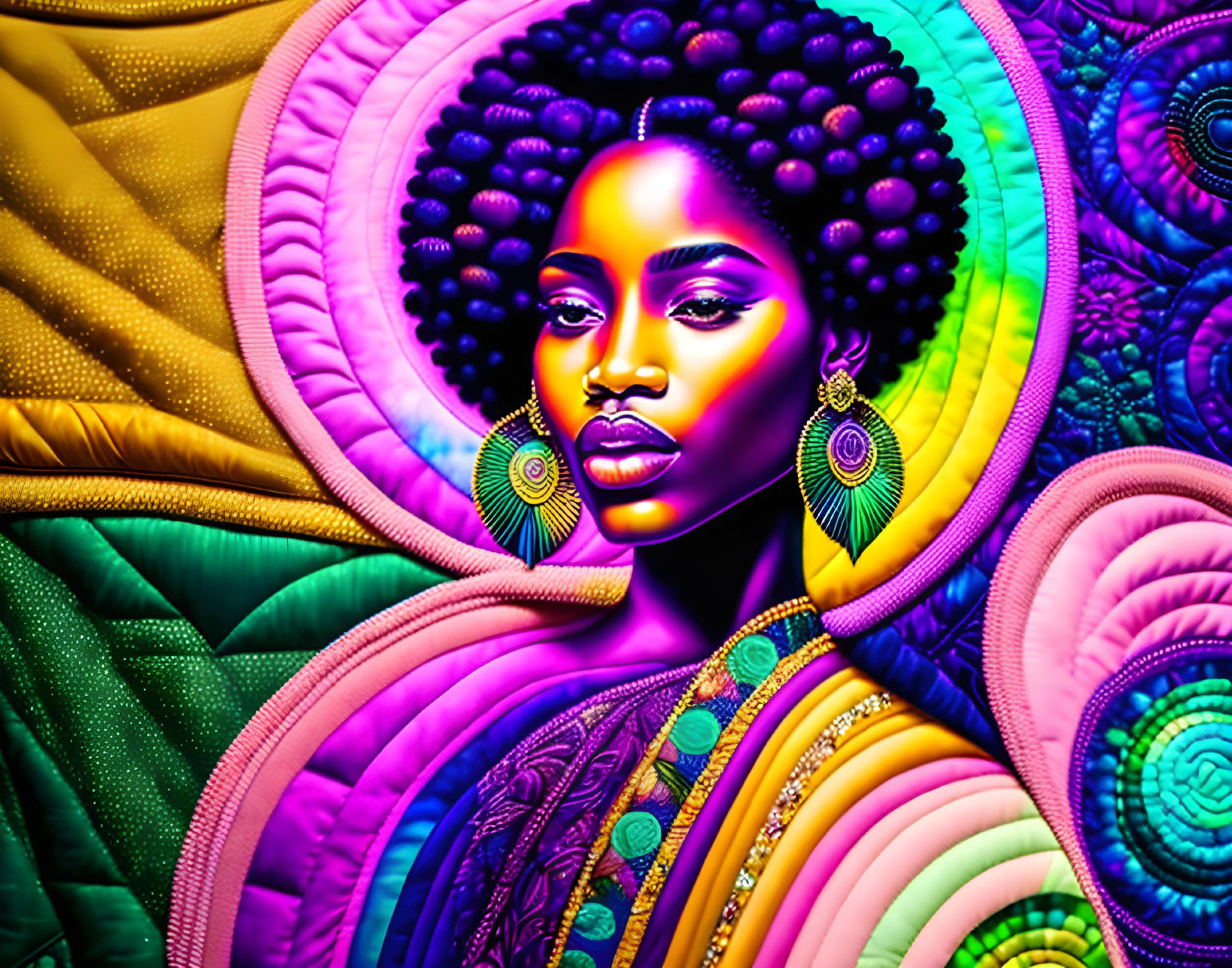 Colorful Digital Art Portrait of Woman with Afro and Abstract Patterns