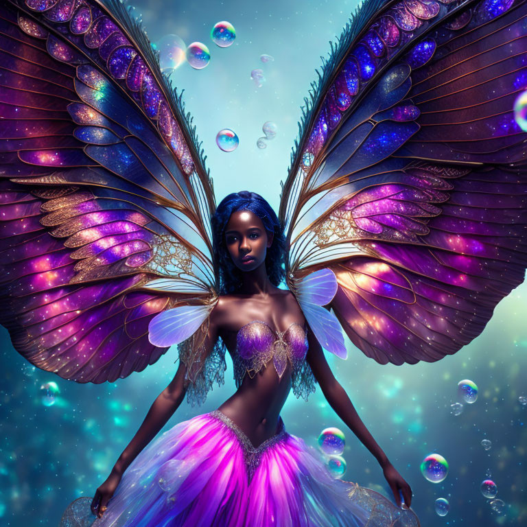 Woman with iridescent butterfly wings in purple outfit against starry blue background