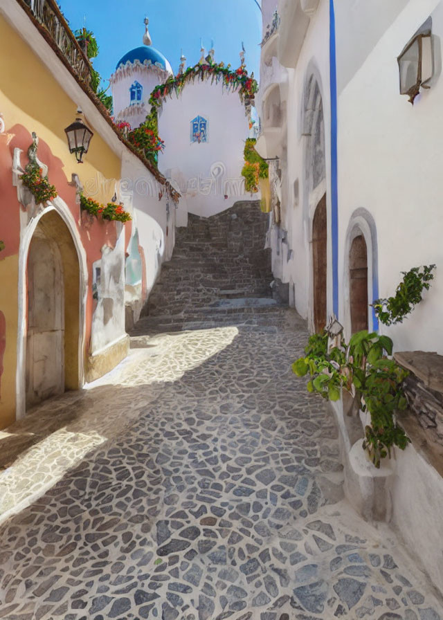 Colorful cobblestone street with staircase and vibrant buildings under clear sky