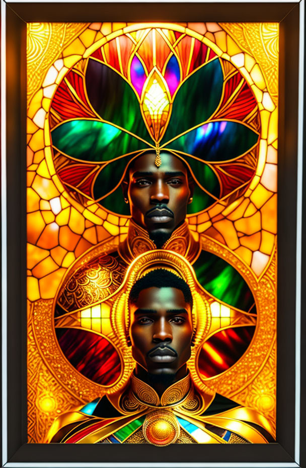 Colorful Symmetrical Stained-Glass Artwork with Ornate Portraits