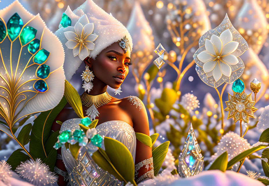 Illustration of dark-skinned woman with white flowers, crystals, snowy backdrop, and jewels.