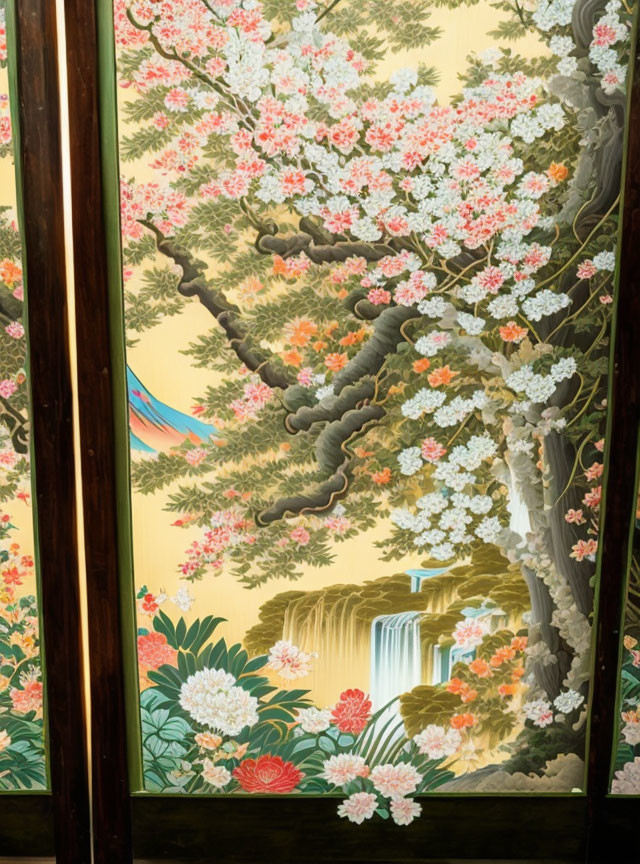 Asian-style painting of blossoming tree, flowers, waterfall on yellow backdrop in wooden frame