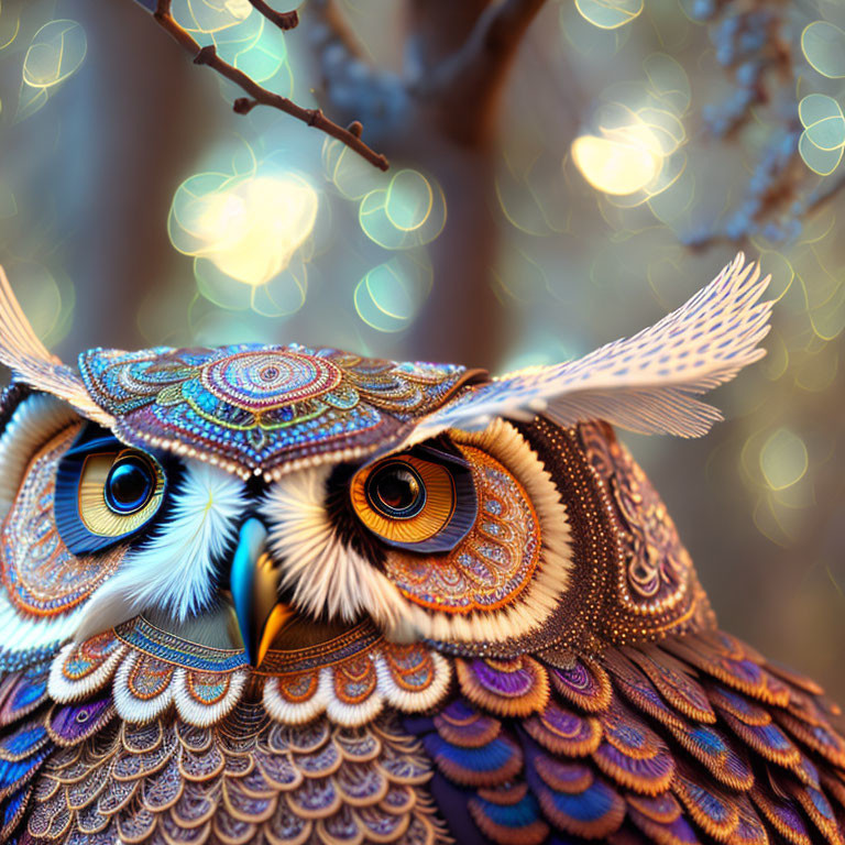 Ornate owl digital art with intricate patterns and vibrant colors