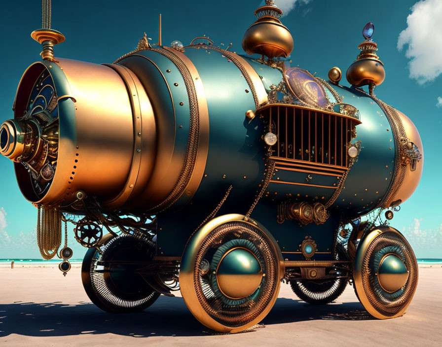 Steampunk-style vehicle with brass and copper detailing on sandy terrain