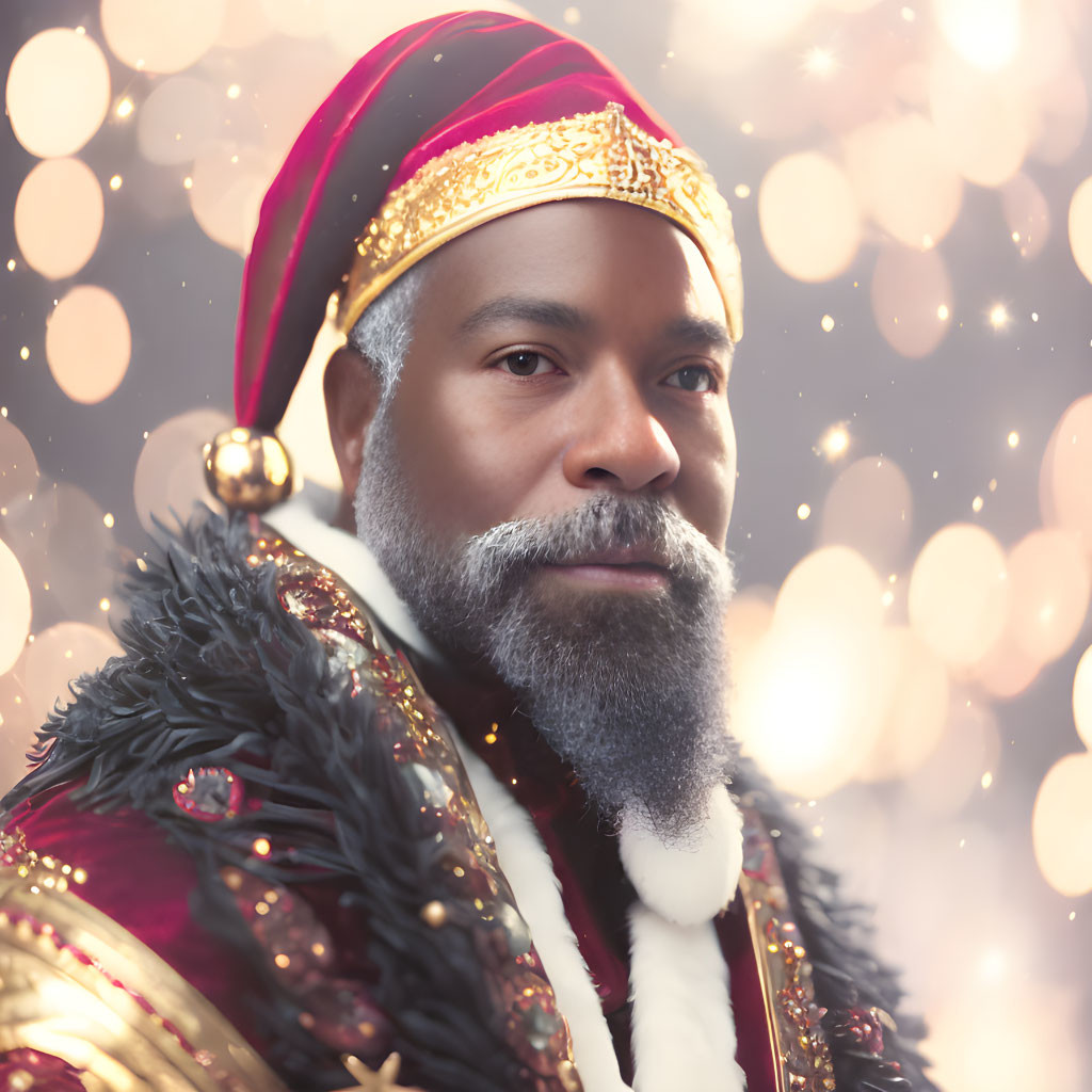 Regal figure in red and gold turban with jeweled headband and fur-trimmed cloak