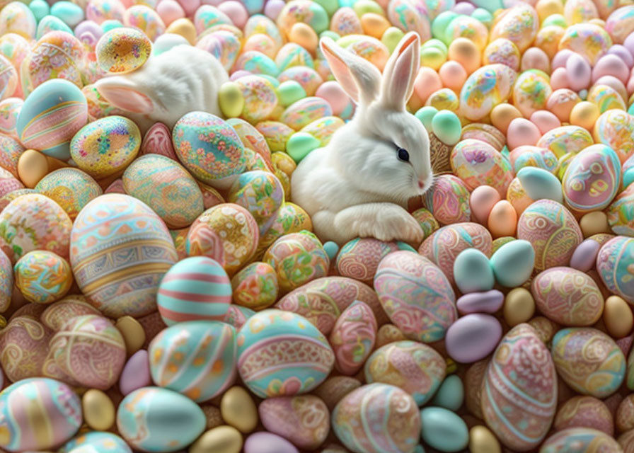 White rabbits surrounded by vibrant Easter eggs with intricate patterns