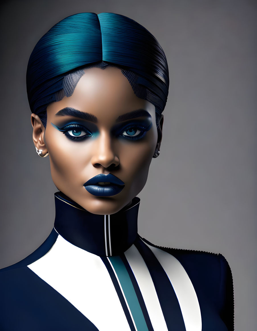 Digital Artwork: Woman with Blue Makeup, Blue Hair, Striped Garment on Grey Background