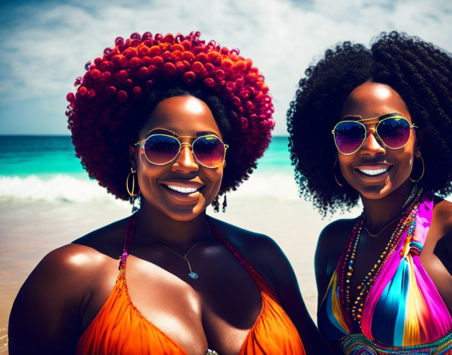 Two Women in Colorful Swimwear and Sunglasses on Sunny Beach