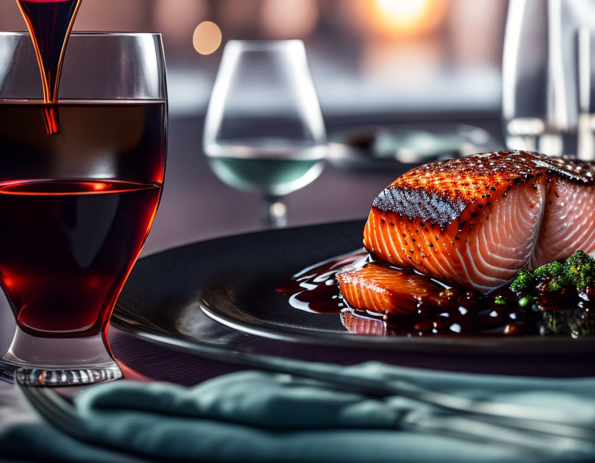 Elegant dining table setting with red wine, grilled salmon, and garnish