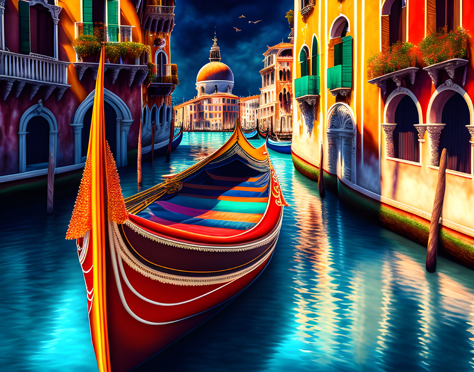 Vibrant Gondola on Venice Canal at Twilight