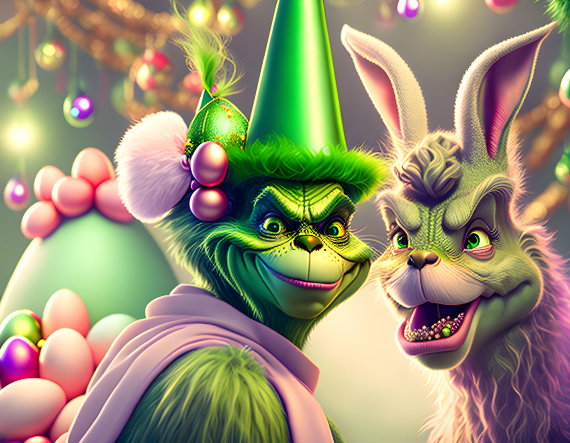 Colorful festive anthropomorphic characters in party hats and decorations