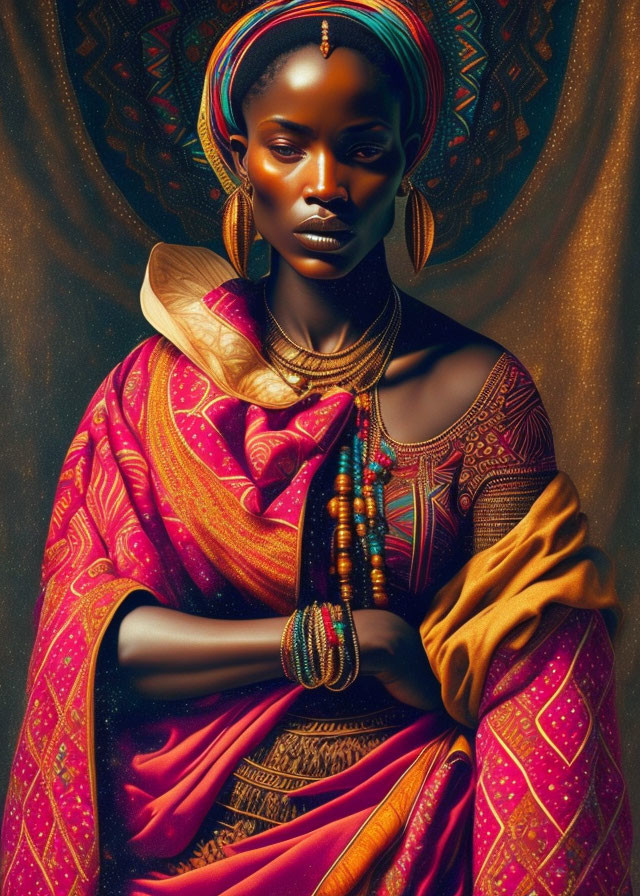 Traditional African Attire and Jewelry on Elegant Woman