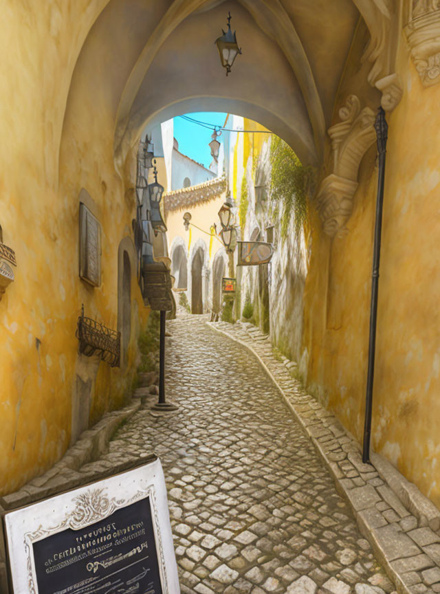 Cobblestone alley with yellow walls and hanging lanterns under clear blue sky