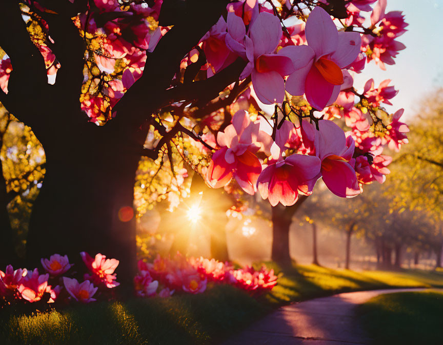 Pink magnolia blossoms with vibrant tree and petals in serene park at sunrise or sunset