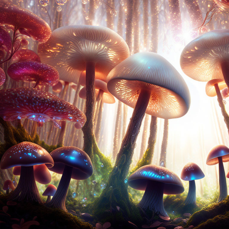 Fantastical forest scene with oversized pink and blue mushrooms