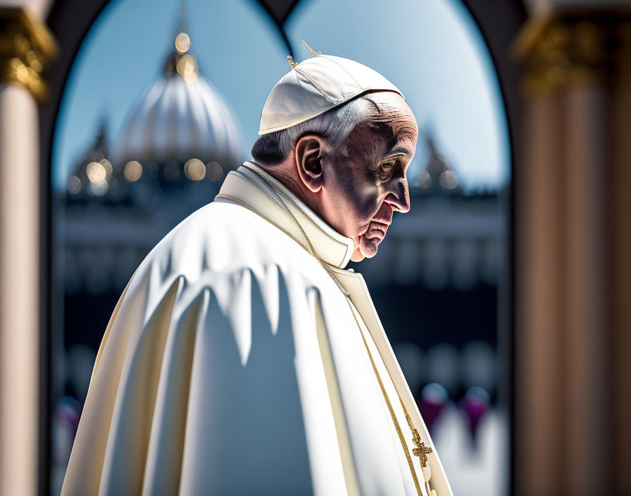 Religious figure in white robes and zucchetto walks under archway with domed building in