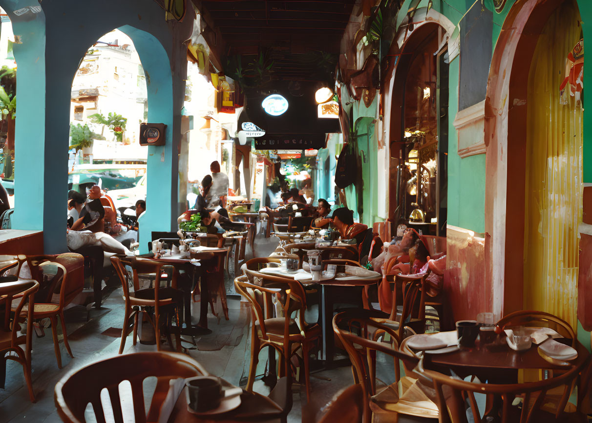 Colorful Walls & Vintage Decor: Outdoor Cafe Scene with Arched Walkway