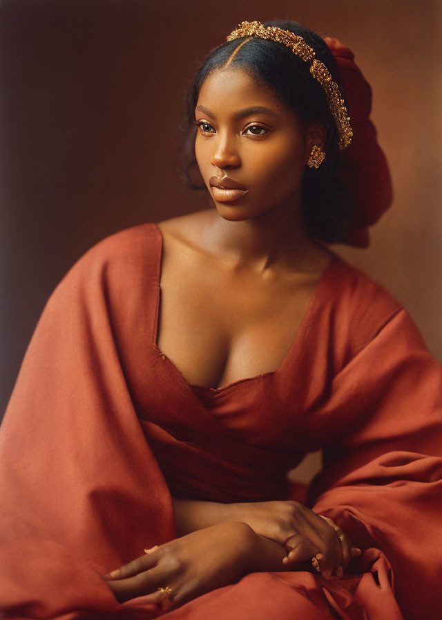 Elegant woman in rust-colored dress with gold accessories and blue headwrap