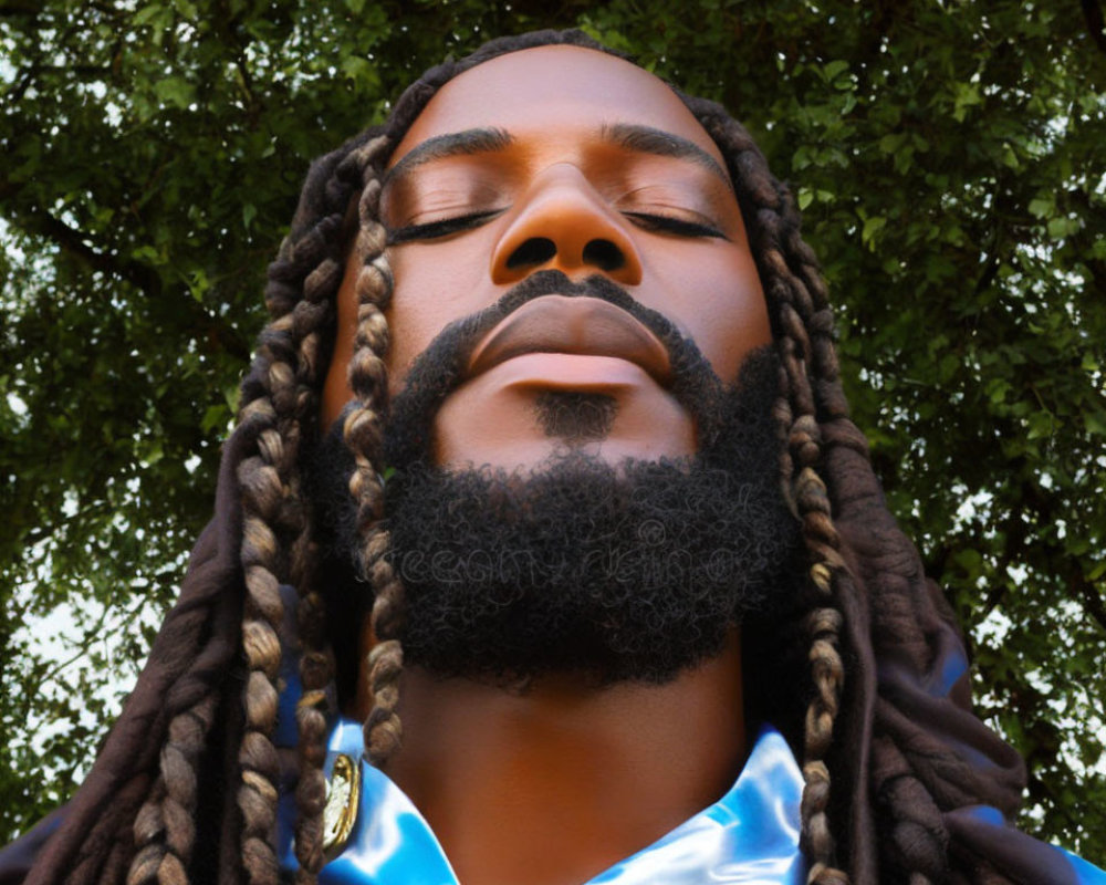 Portrait of a man with closed eyes, long braids, and a beard by a tree.