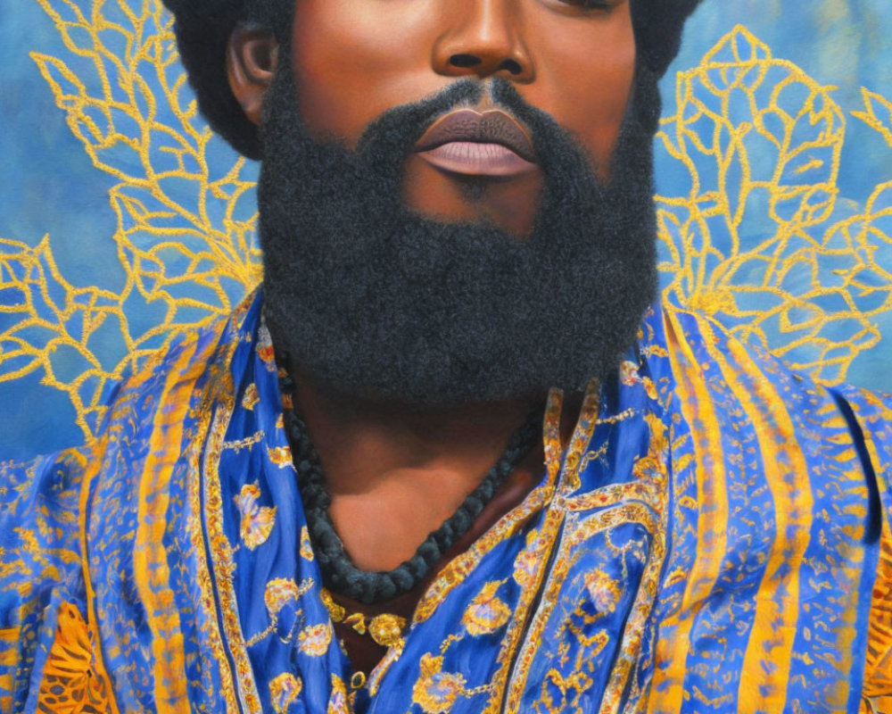 Man with Full Beard in Blue & Gold Traditional Garment with Mandala Background