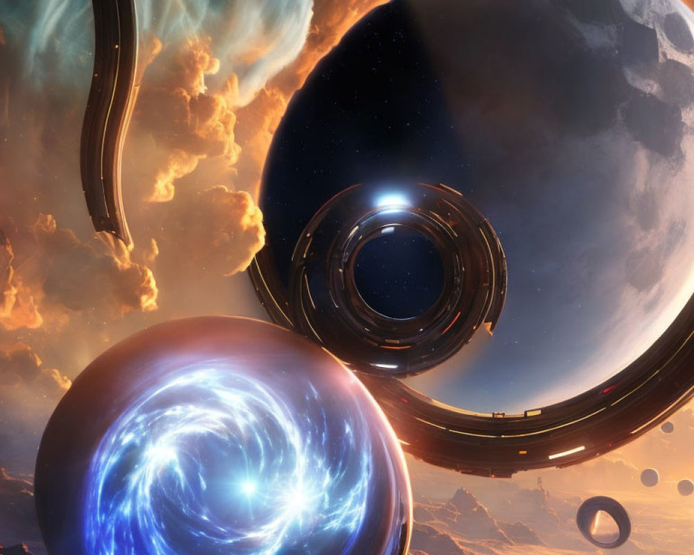 Sci-fi scene with celestial bodies, swirling portals, spacecrafts, clouds, cosmic backdrop