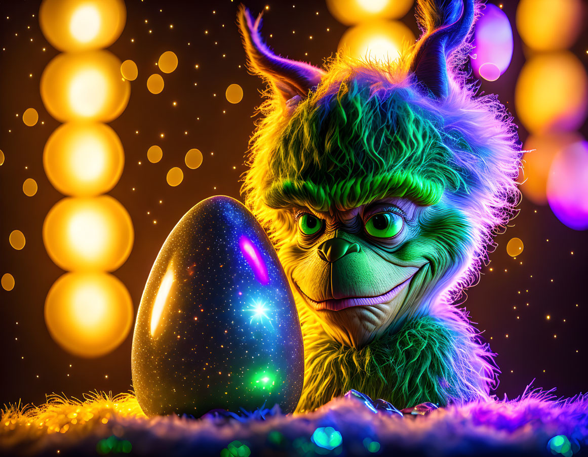 Colorful furry character with horns beside shining egg in soft light