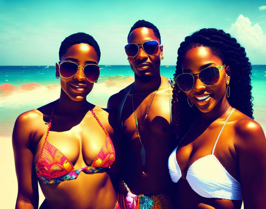 Three friends smiling in swimwear on a sunny beach with clear blue sky and sea