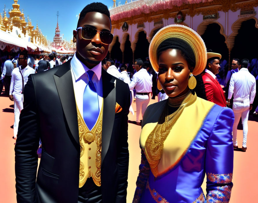 Elegantly Dressed Pair Amid Festive Crowd and Ornate Buildings