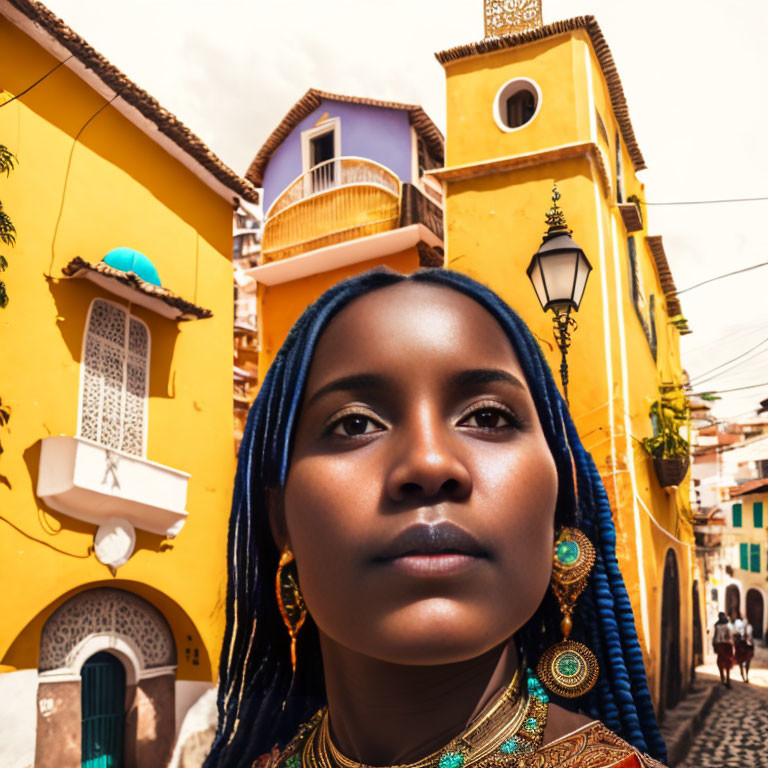 Woman in blue headwrap with matching earrings in front of yellow building and lamp post.