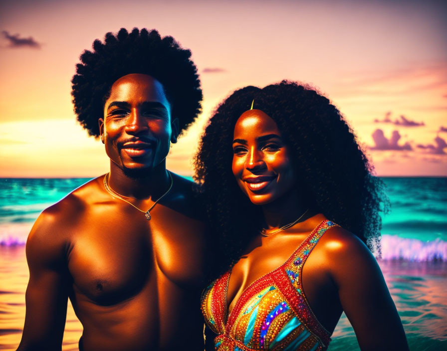 Smiling people with afro hairstyles on beach at sunset