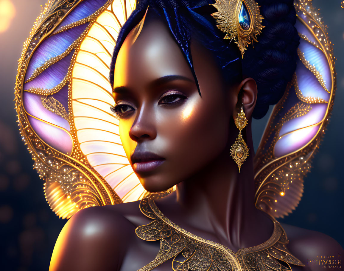 Golden Makeup Woman with Butterfly Wings in Digital Art