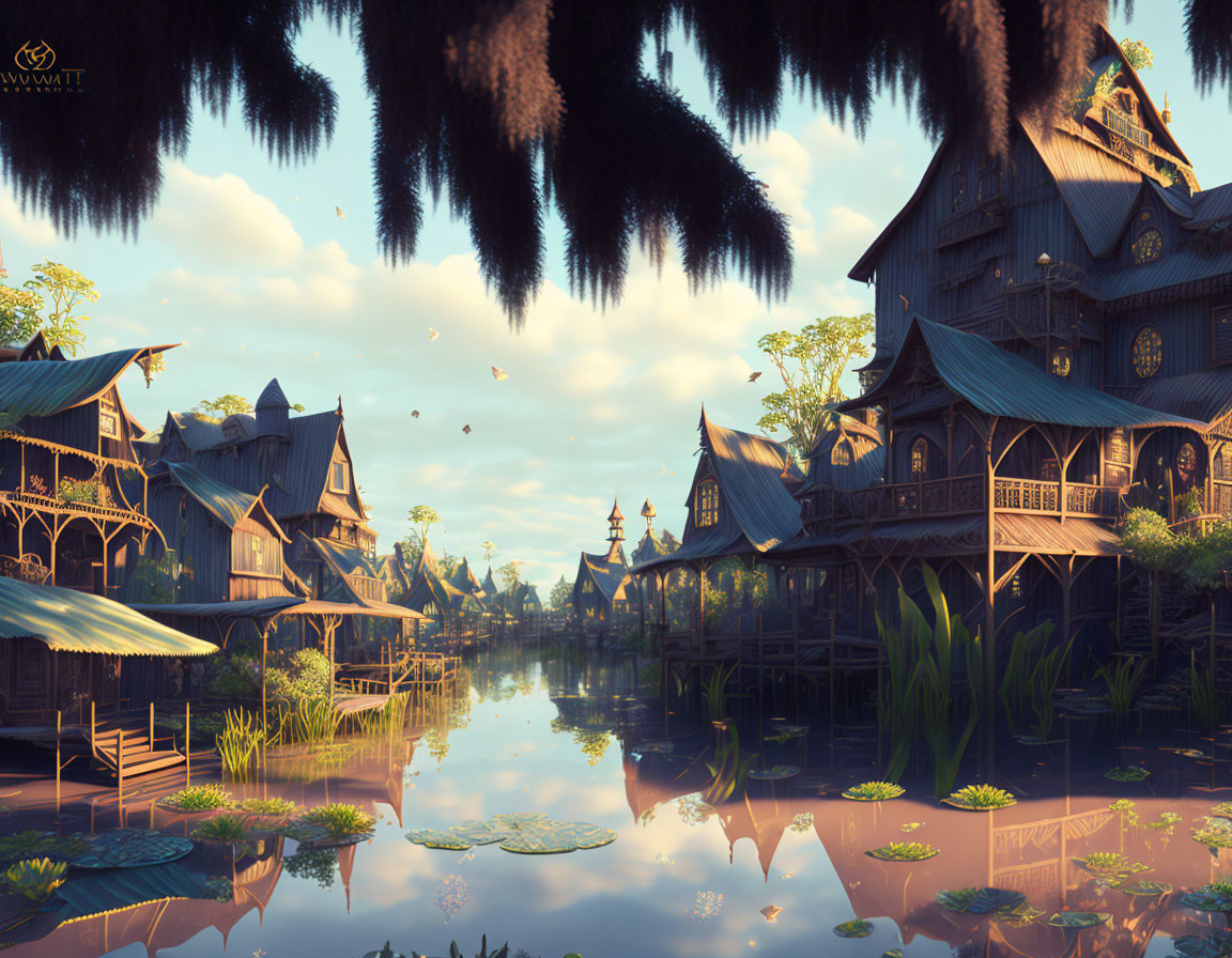 Tranquil village with stilt houses reflected in calm waters at sunset