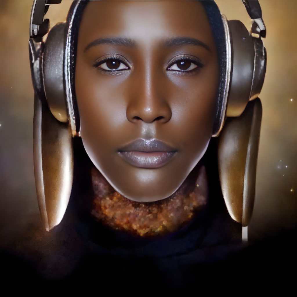 Contemplative person in hijab with headphones on golden background