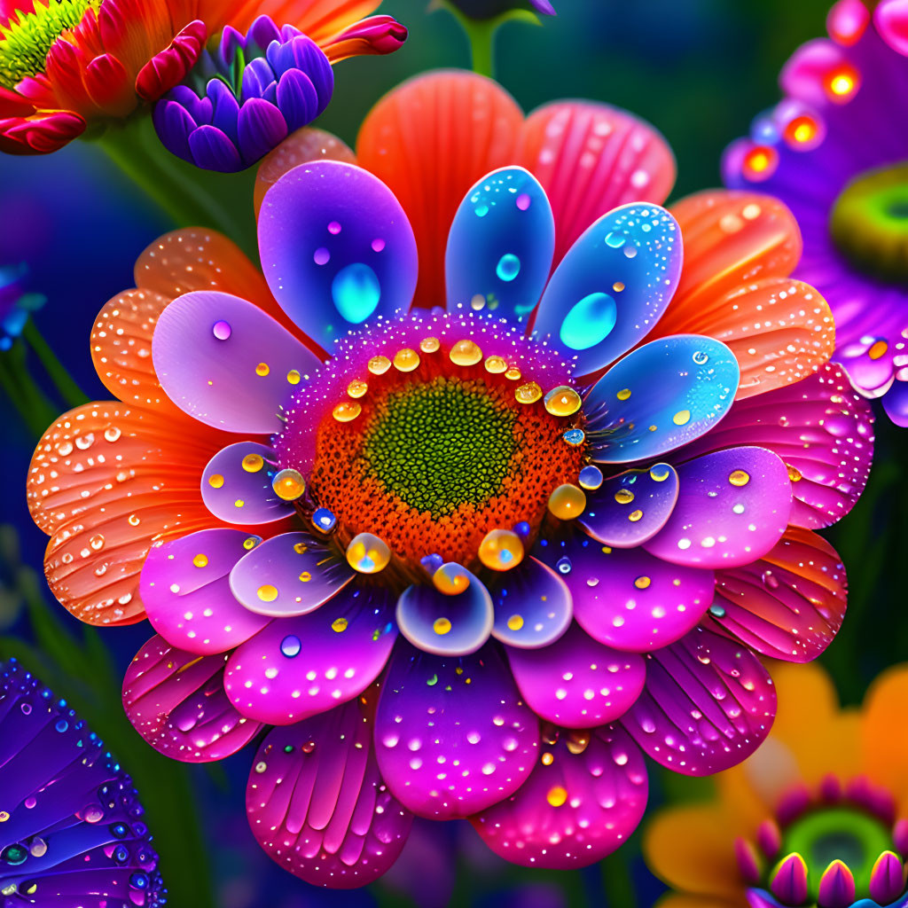 Colorful Flower with Dewdrops Surrounded by Floral Blooms