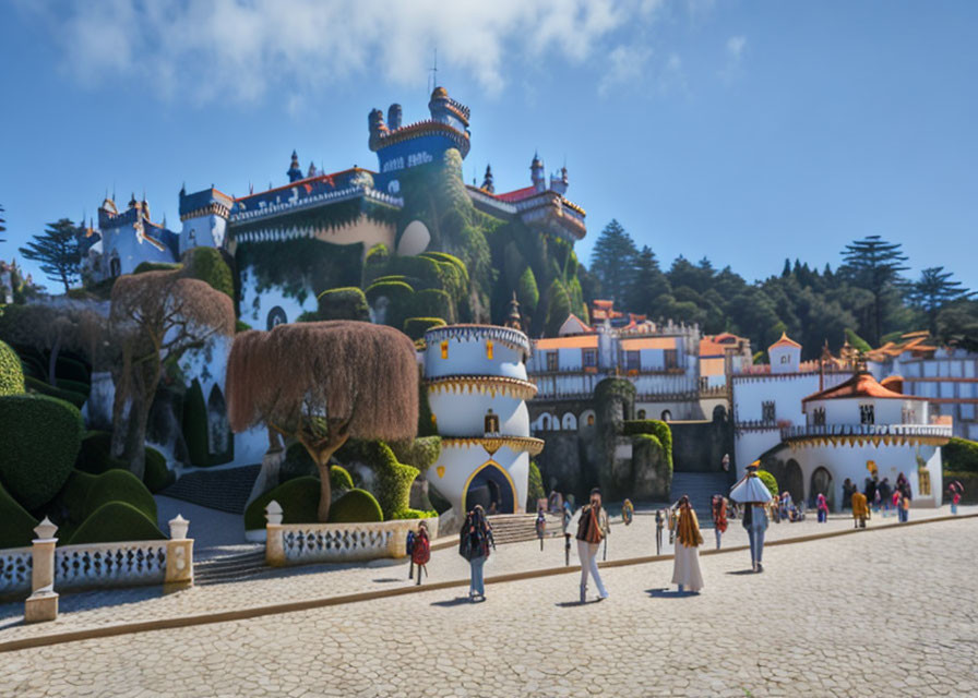 Traditional white palace with decorative battlements and sculpted greenery under clear sky