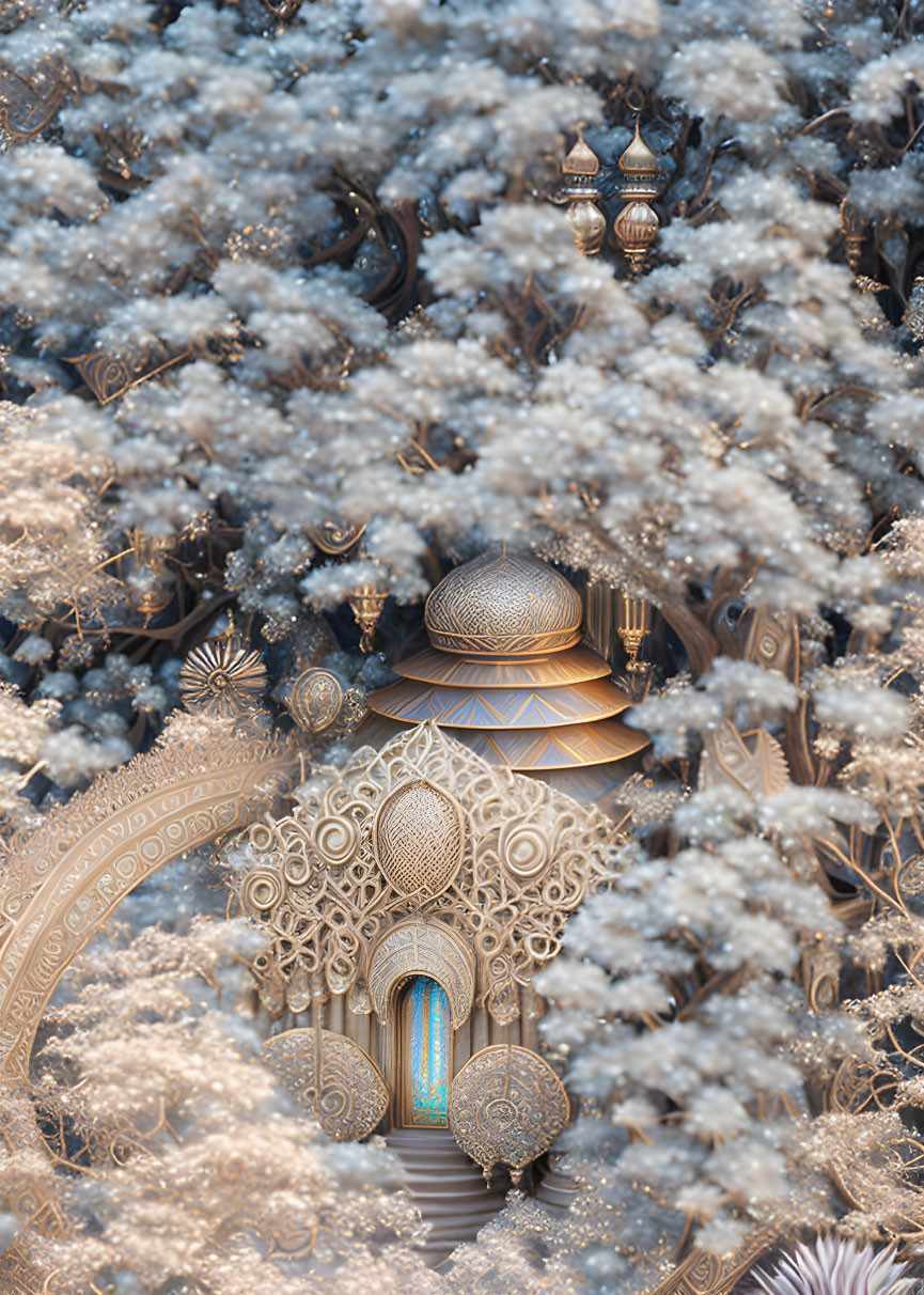 Golden architectural fractal amid frosty trees