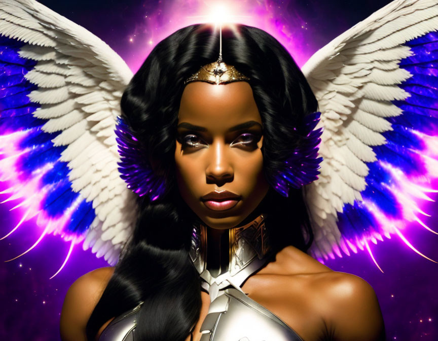 Woman with Angel Wings in Futuristic Armor on Cosmic Purple Background