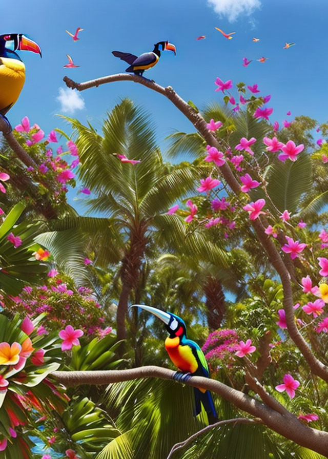 Vibrant toucans on branches with pink flowers and palm trees against blue sky