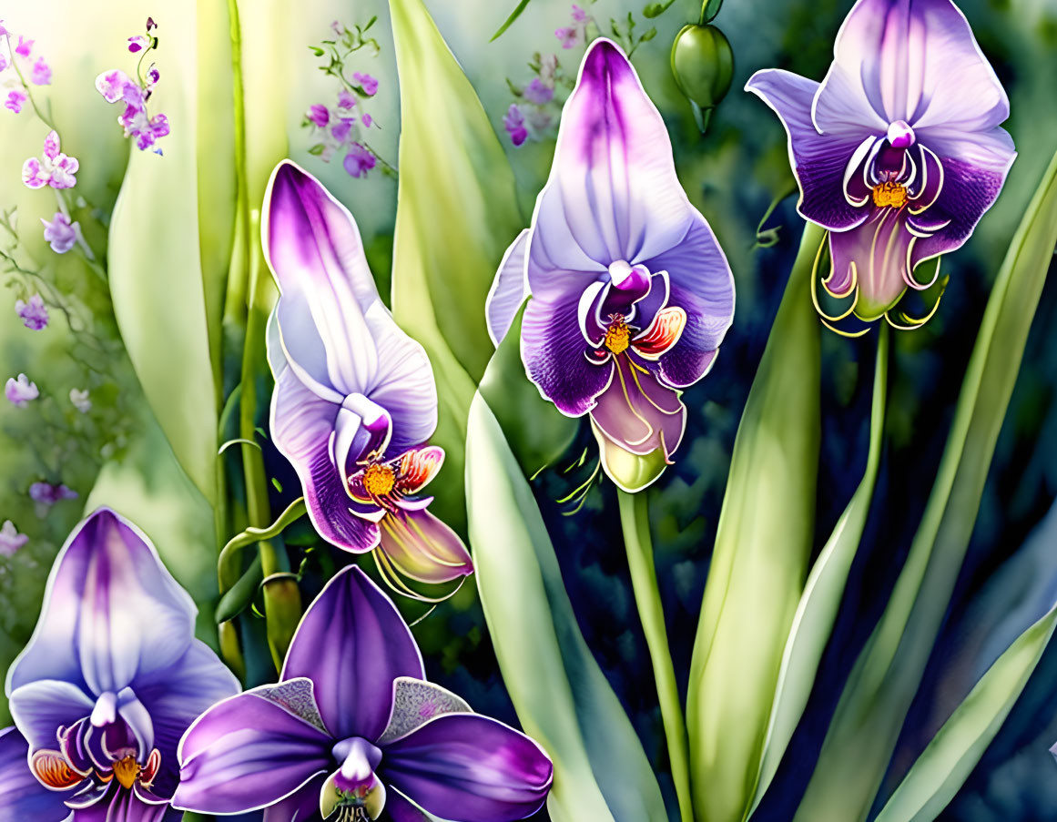 Detailed digital art of purple orchids in lush garden setting